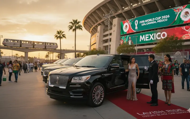 AI Image: Chauffeur welcoming guests beside a luxury SUV outside a FIFA World Cup 2026 stadium in Mexico, showcasing Guadalajara premium transportation.